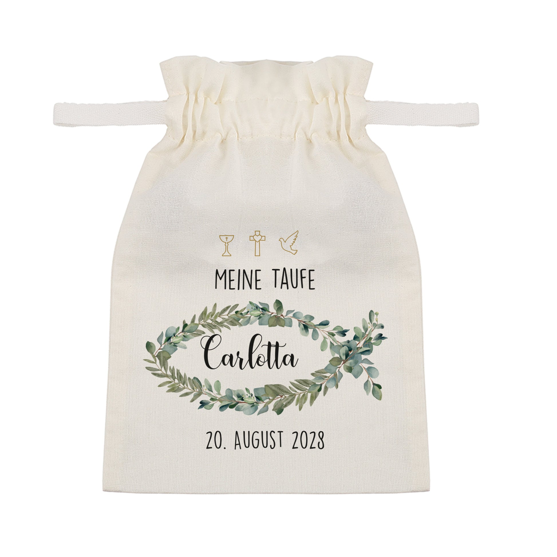 Kleines Stoffbeutelchen zur Taufe, Name Carlotta, mit Tulpen und Weidenkätzchen
