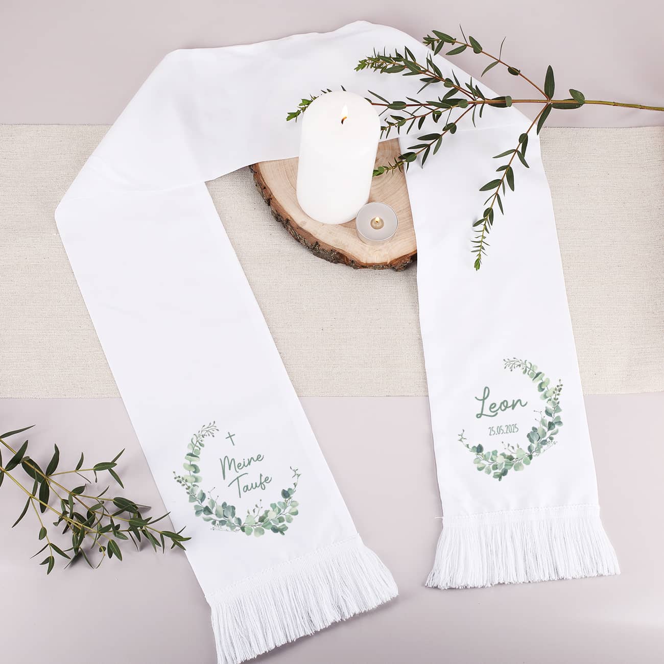 Eukalyptus Taufschal mit Name und Datum