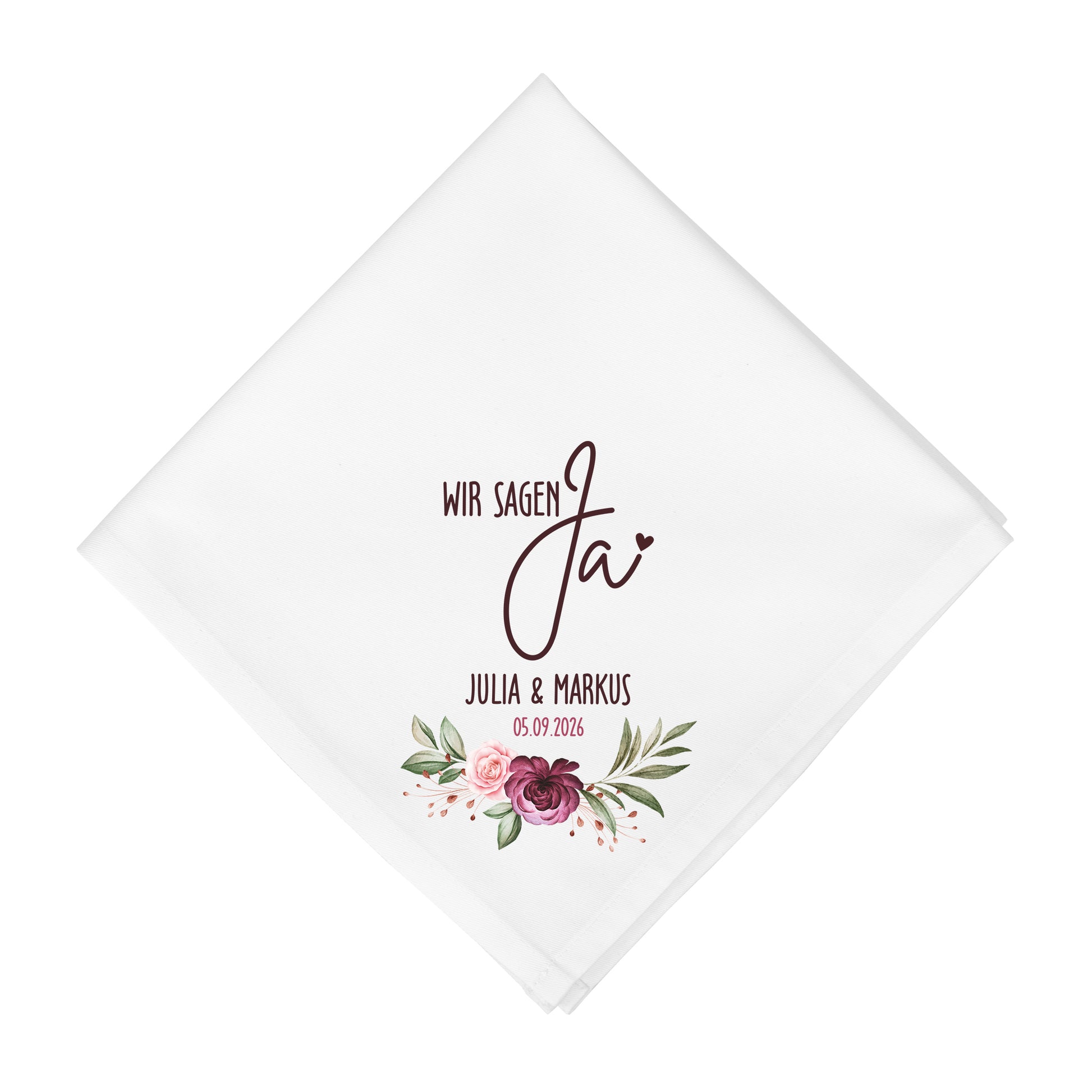 Detailansicht Stoffserviette Hochzeit mit Blumenmotiv Wir sagen Ja und personalisiertem Druck