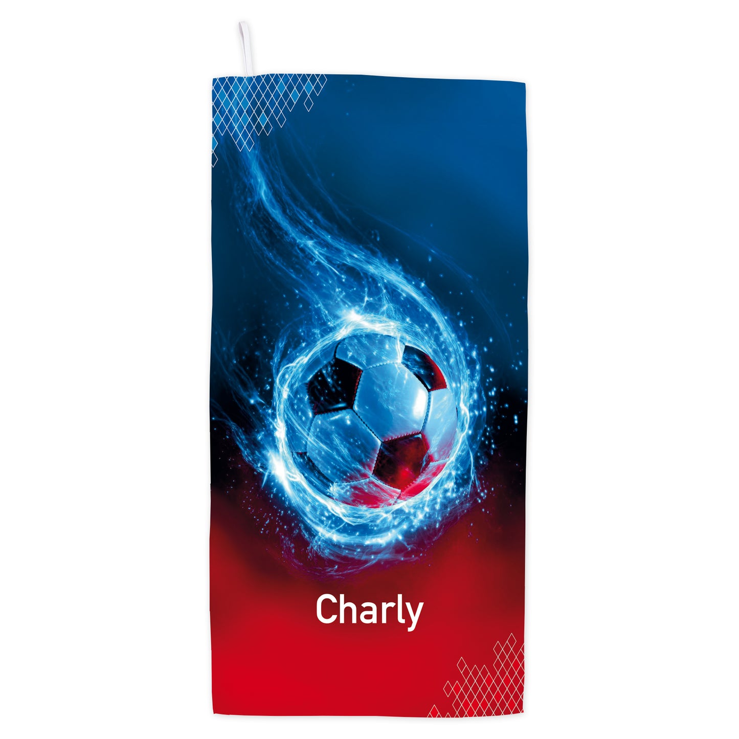 Personalisiertes Fußball Sporthandtuch mit Name Charly, leuchtendem Fußballmotiv und rotem Namensbereich