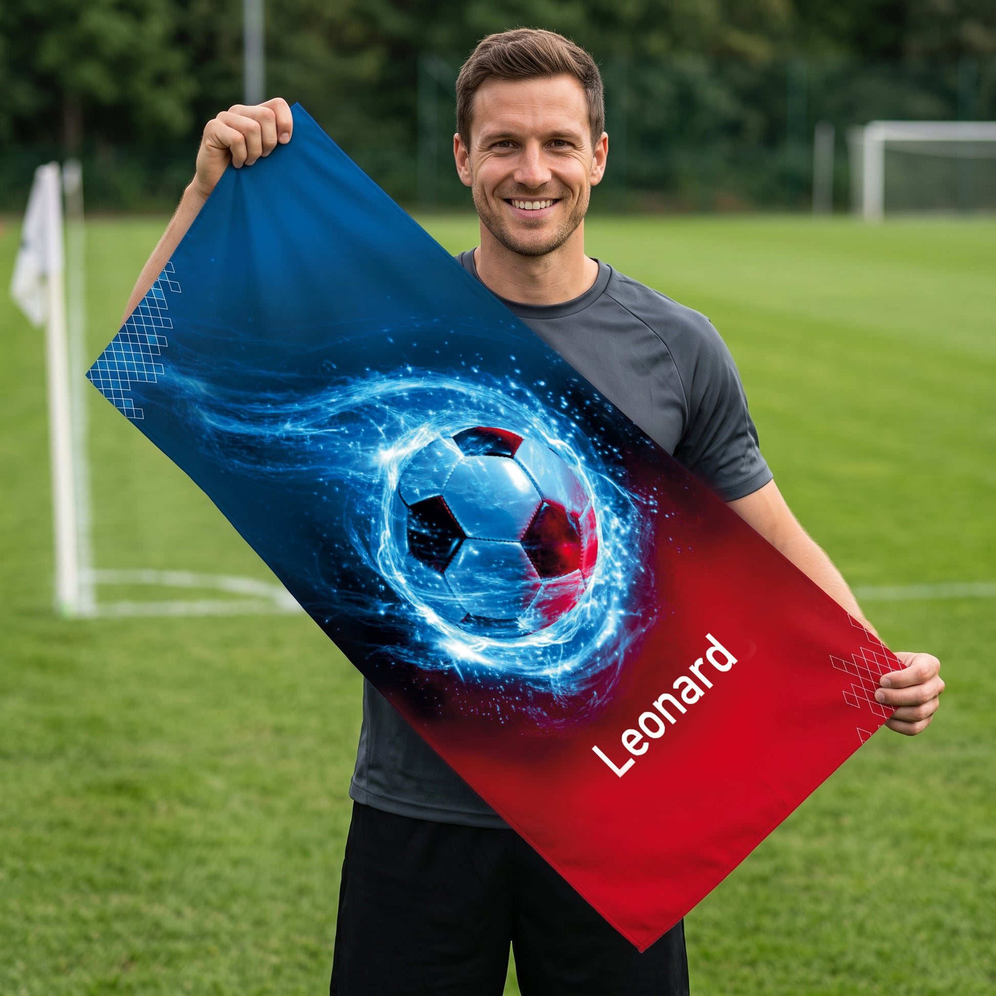 Mann auf Fußballplatz hält personalisiertes Sporthandtuch mit Name Leonard und dynamischem Fußballmotiv