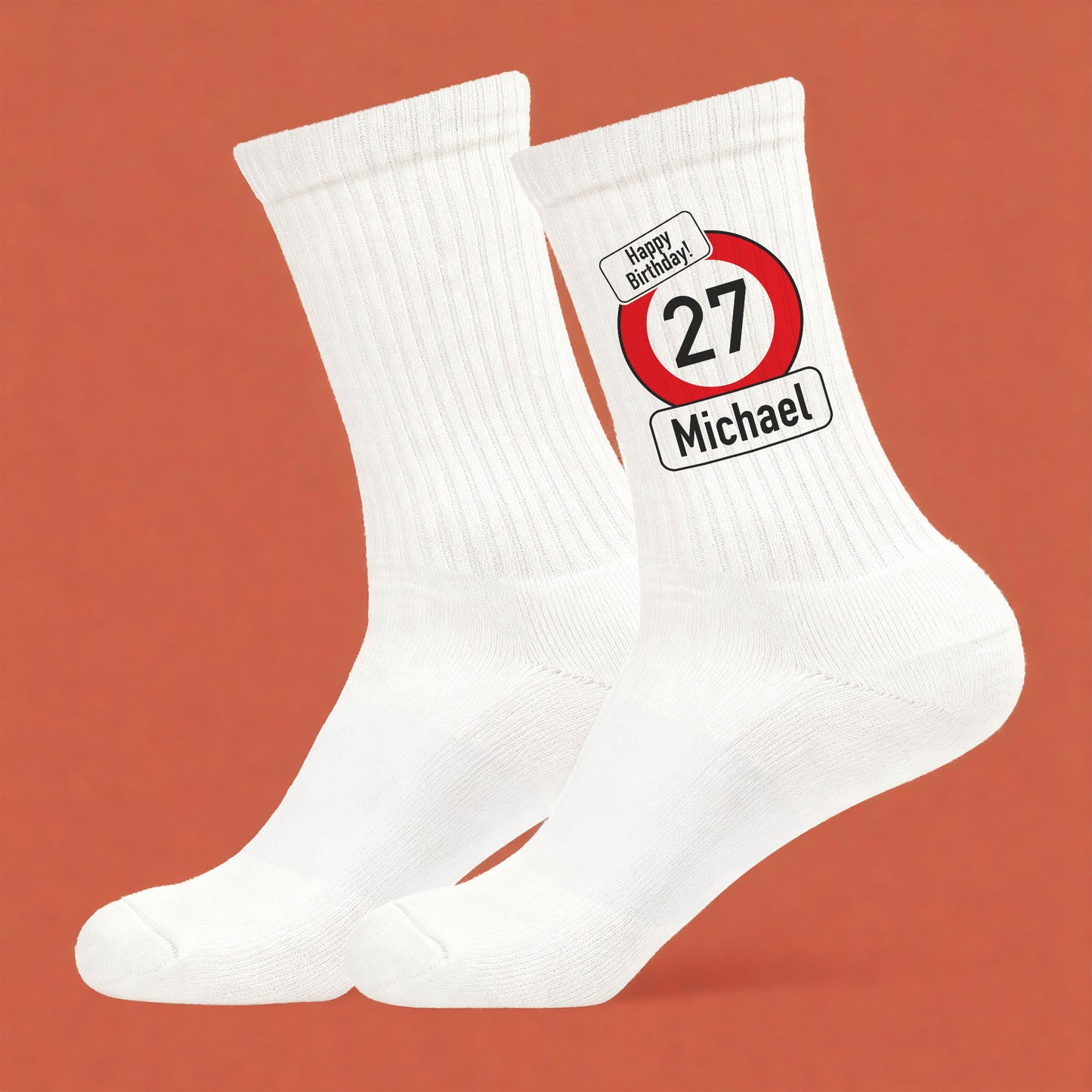 Socken bedruckt mit Name, Alter im Verkehrszeichenmotiv
