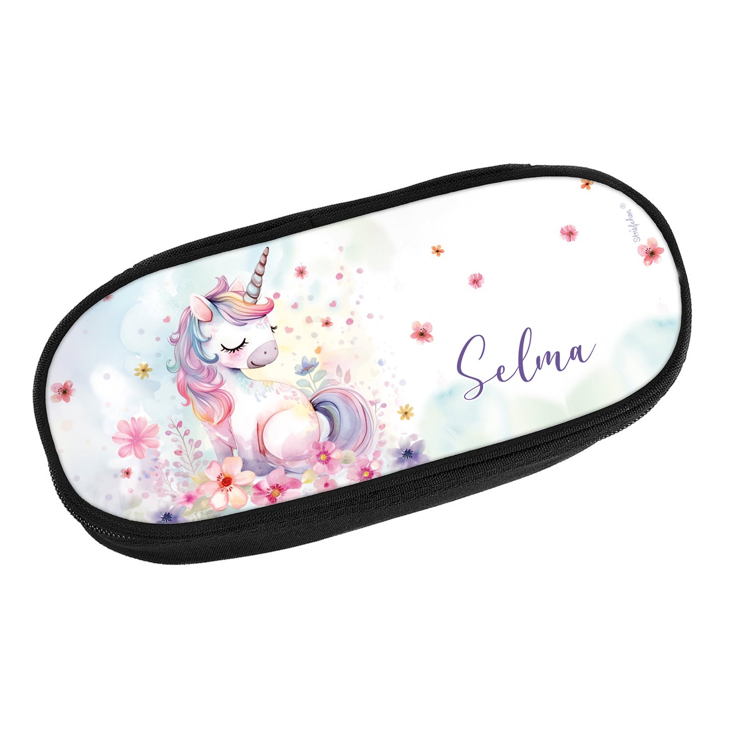 Personalisierte Federmappe mit Einhorn und Name „Selma“ – auf weißem Hintergrund