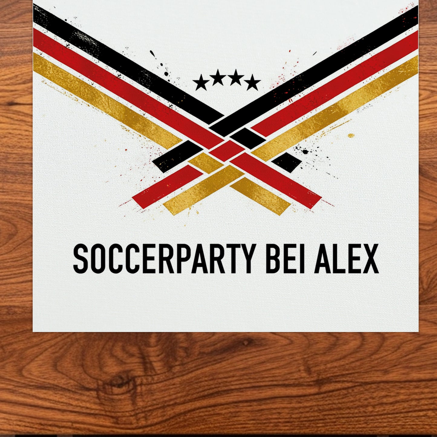 Detailansicht vom Fußball Tischläufer mit Wunschtext Soccerparty bei Alex und Deutschland-Motiv
