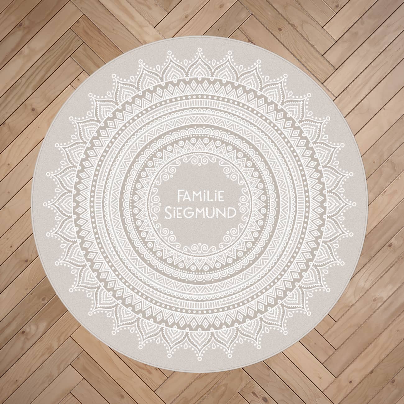 Runder Wohnteppich mit Personalisierung und Mandala in beige
