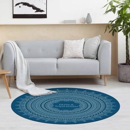 Runder Wohnteppich mit Personalisierung und Mandala in blau