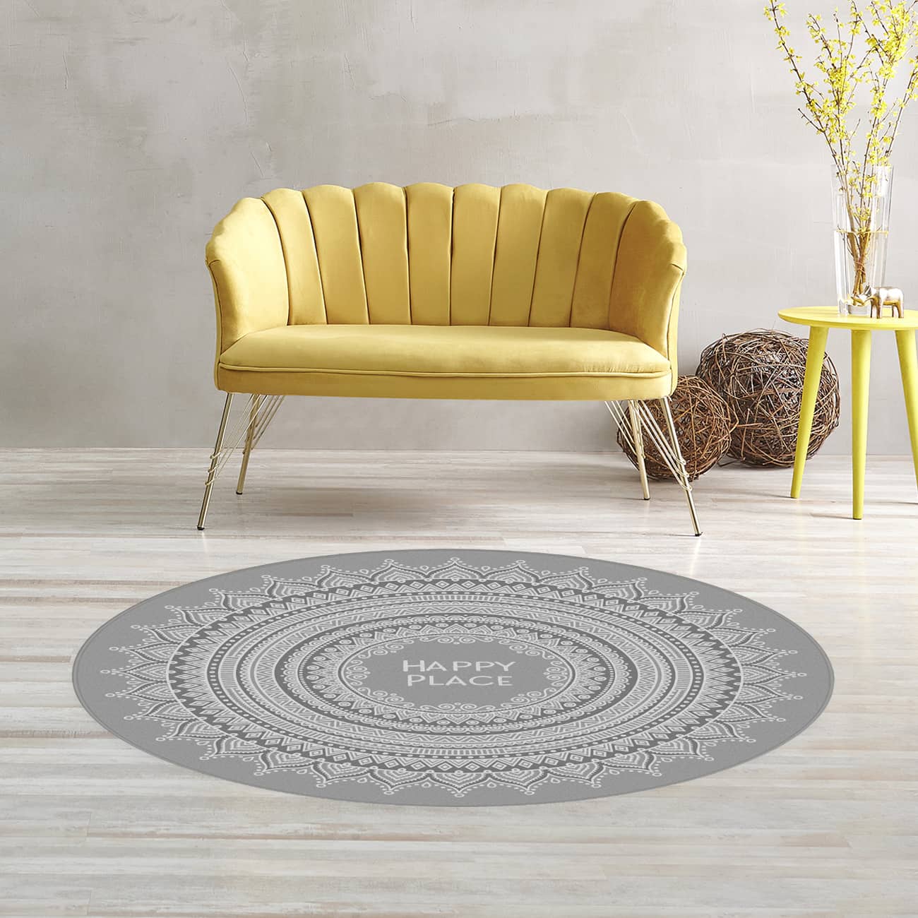 Runder Wohnteppich mit Personalisierung und Mandala in grau