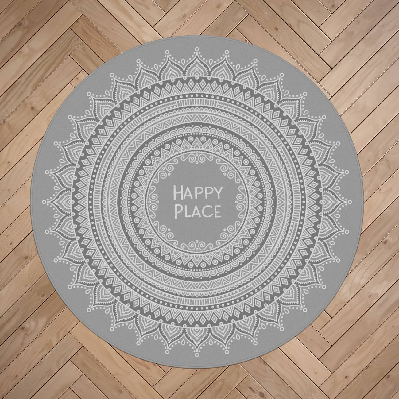 Runder Wohnteppich mit Personalisierung und Mandala in grau