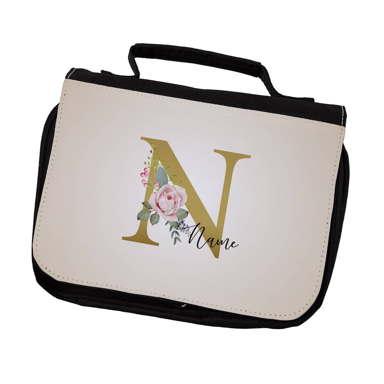 Waschtasche mit persönlichem Aufdruck aus  Rosen-Monogramm und Name