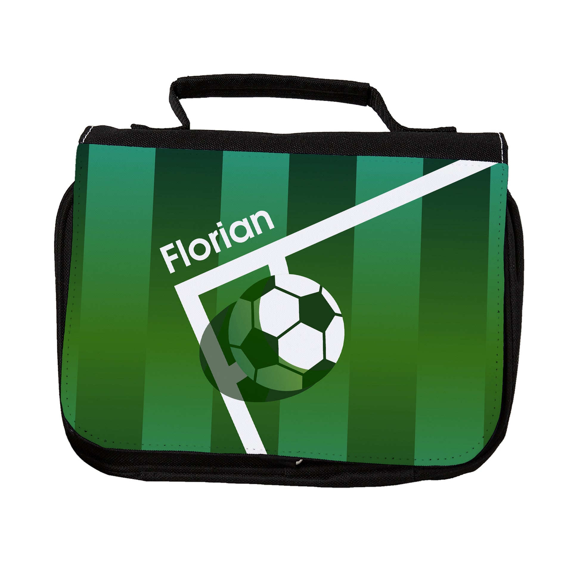 Schwarzer Kulturbeutel mit Fußball-Motiv, grünem Spielfeld, Torlinie, Fußball und personalisiertem Namen Florian