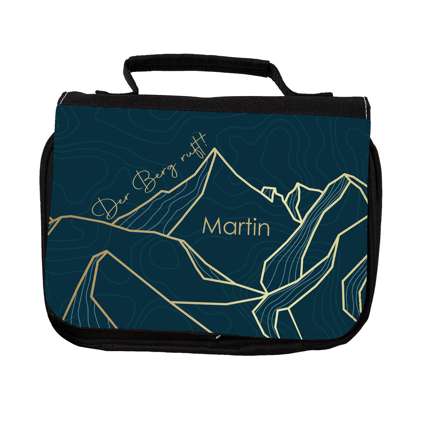 Schwarzer Kulturbeutel mit Bergmotiv, topografischem Muster, goldfarbenen Linienbergen und personalisiertem Namen Martin