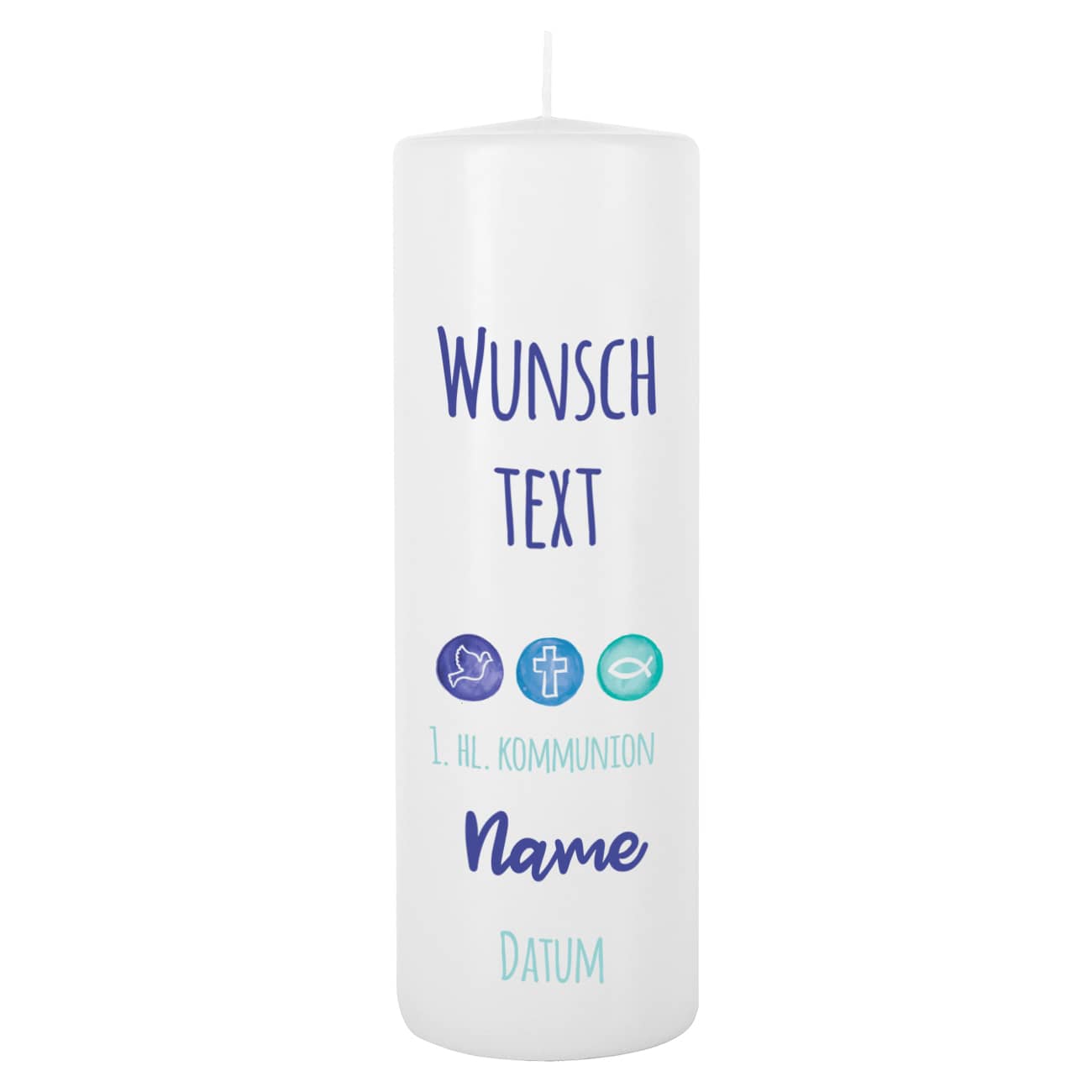 Kommunionkerze in Blau - Liebe, Hoffnung, Glaube mit Wunschtext