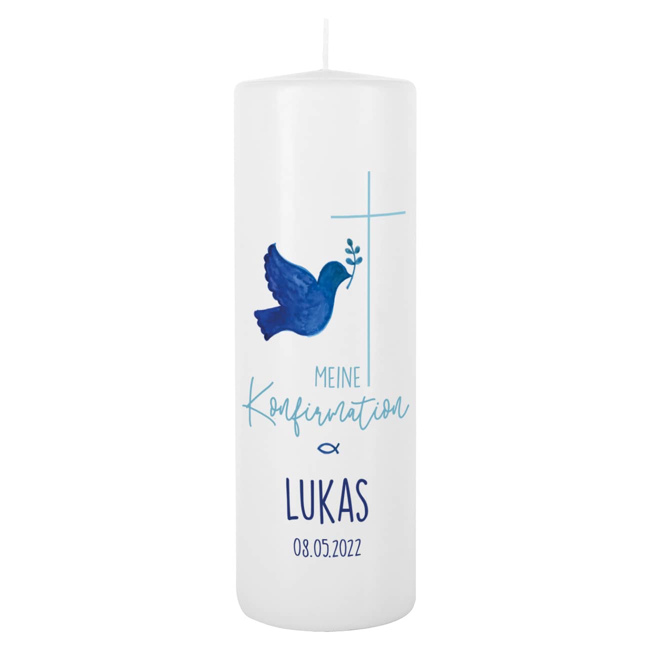 Kerze zur Konfirmation mit Kreuz, Taube und Fisch in blau