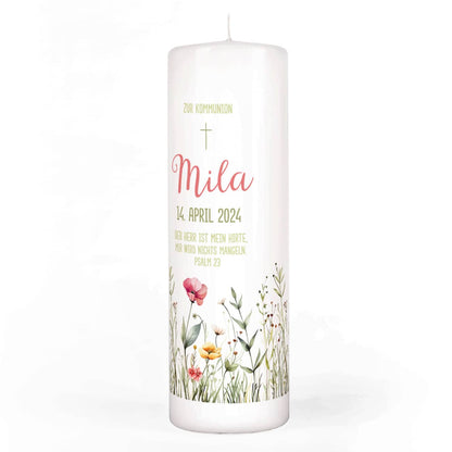 Persönliche Kommunionkerze mit Wildblumen-Motiv, Name, Datum 
