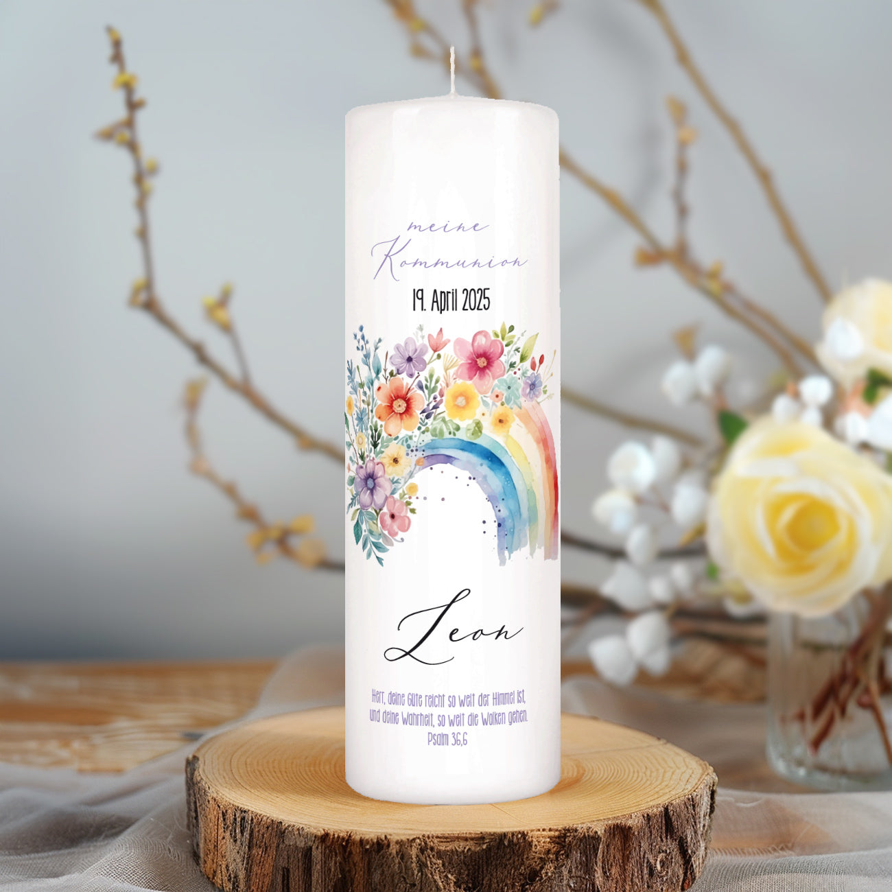 Personalisierte Kerze zur Konfirmation, Kommunion, Taufe, Jugendweihe | Blumen-Regenbogen Motiv