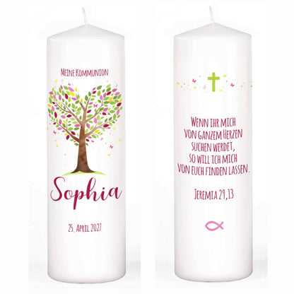 Kommunionkerze Taufkerze Konfirmationskerze - Lebensbaum rosa-violett