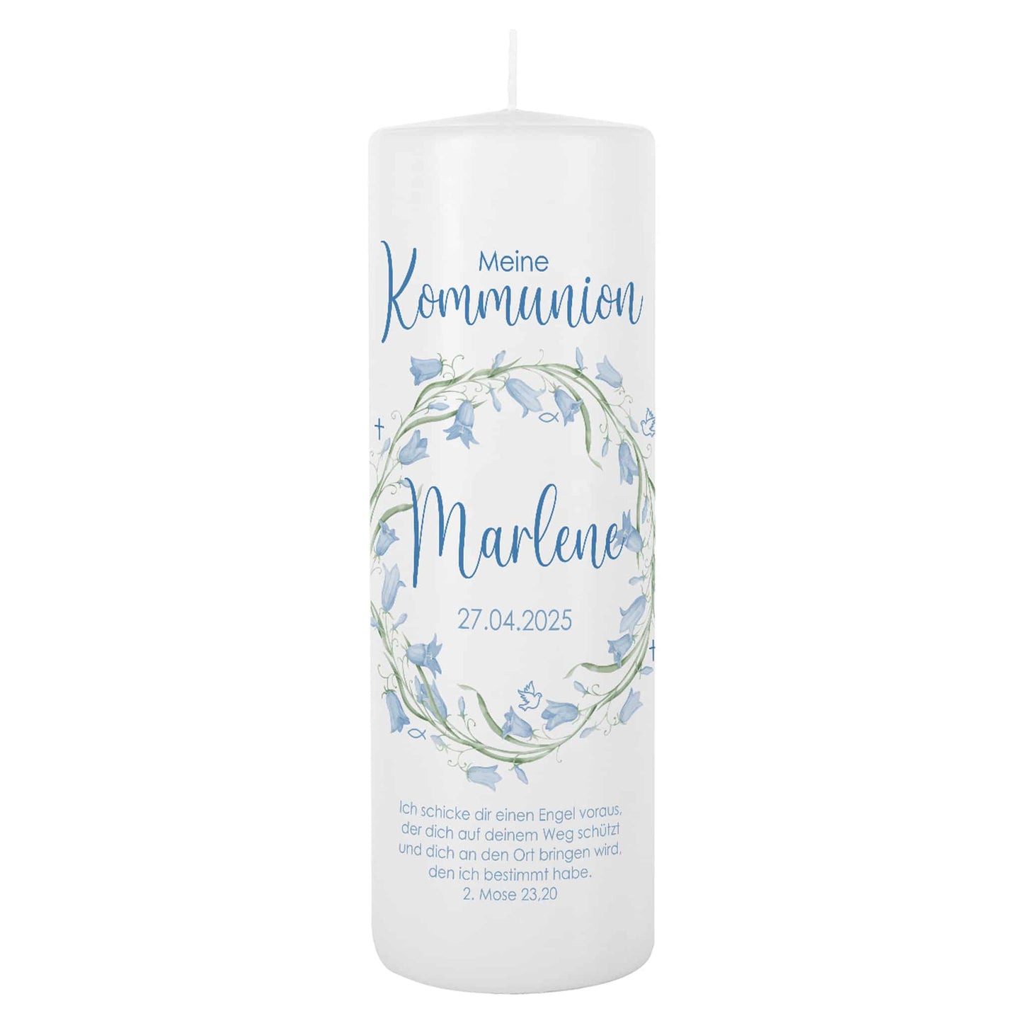Kommunionkerze mit hellblauem Blumenkranz und christlichen Symbolen