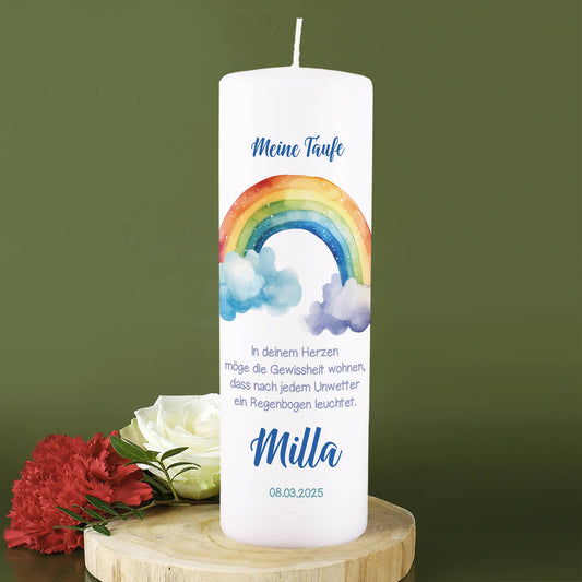 Kerze mit Regenbogenmotiv zur Taufe, Kommunion oder Konfirmation