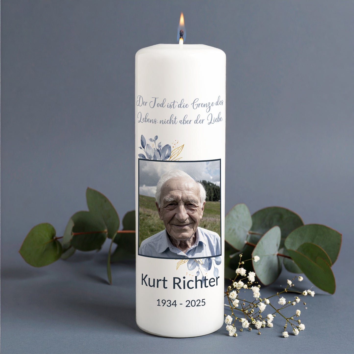 Personalisierte Trauerkerze mit Foto und Name