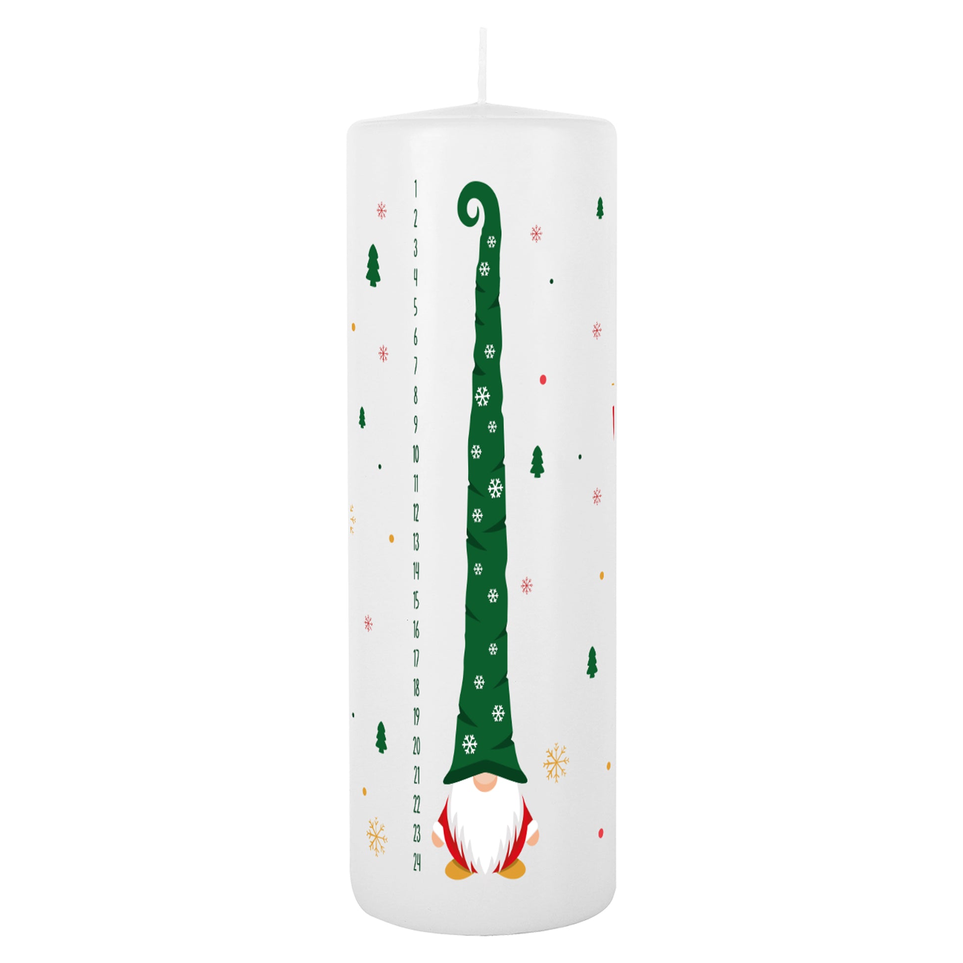 Adventskerze mit Wichtel und Adventskalender-Zahlen von 1 bis 24