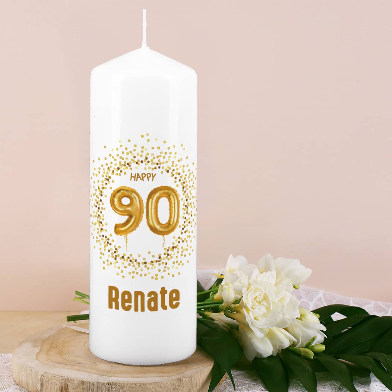 Geburtstagskerze mit großer 90 und Name zum 90. Geburtstag