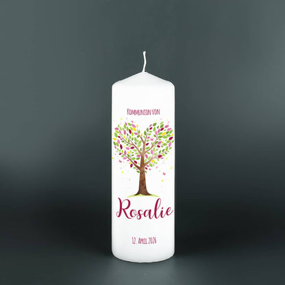 Kommunionkerze Lebensbaum rosa-violett, mittel