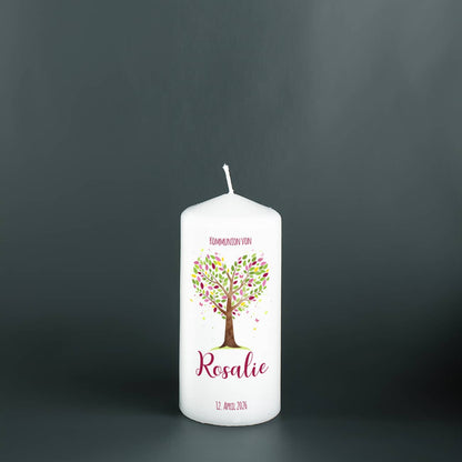 Kommunionkerze Lebensbaum rosa-violett, klein