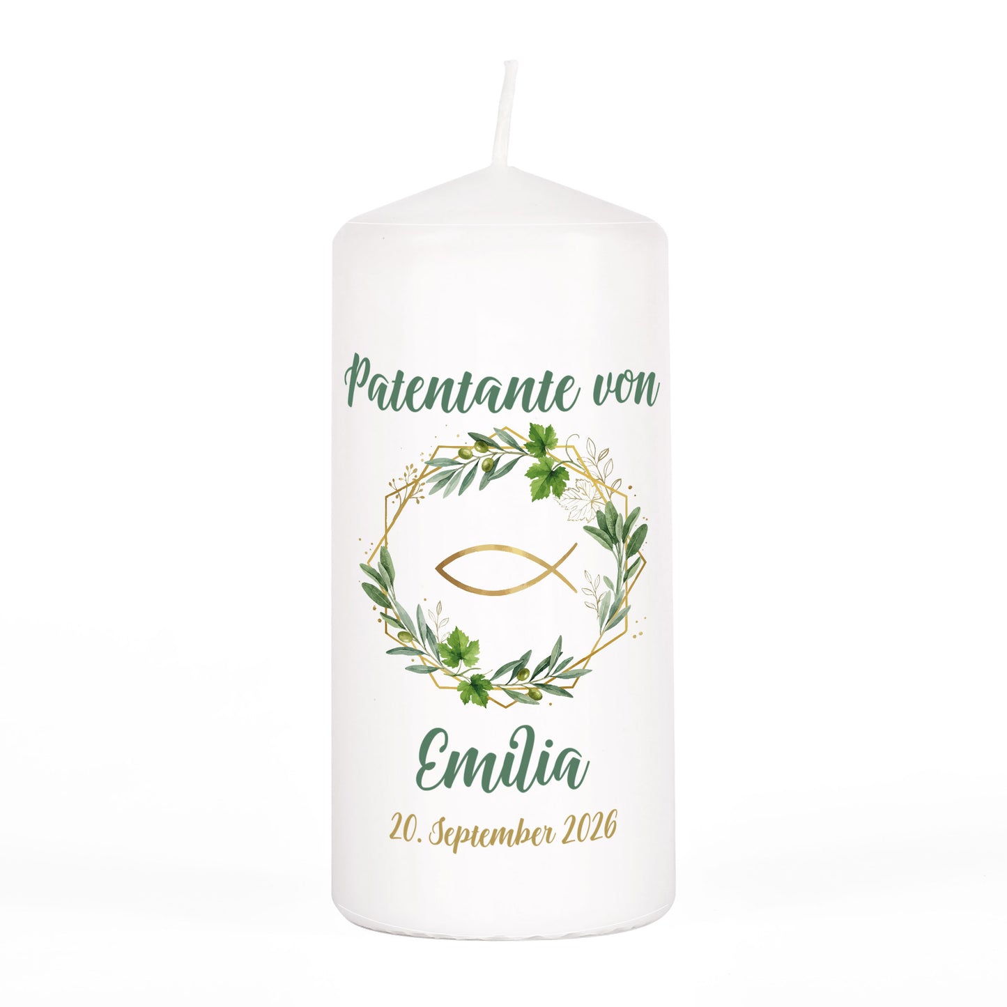 Personalisierte Patenkerze weiß freigestellt mit Name Emilia und Datum