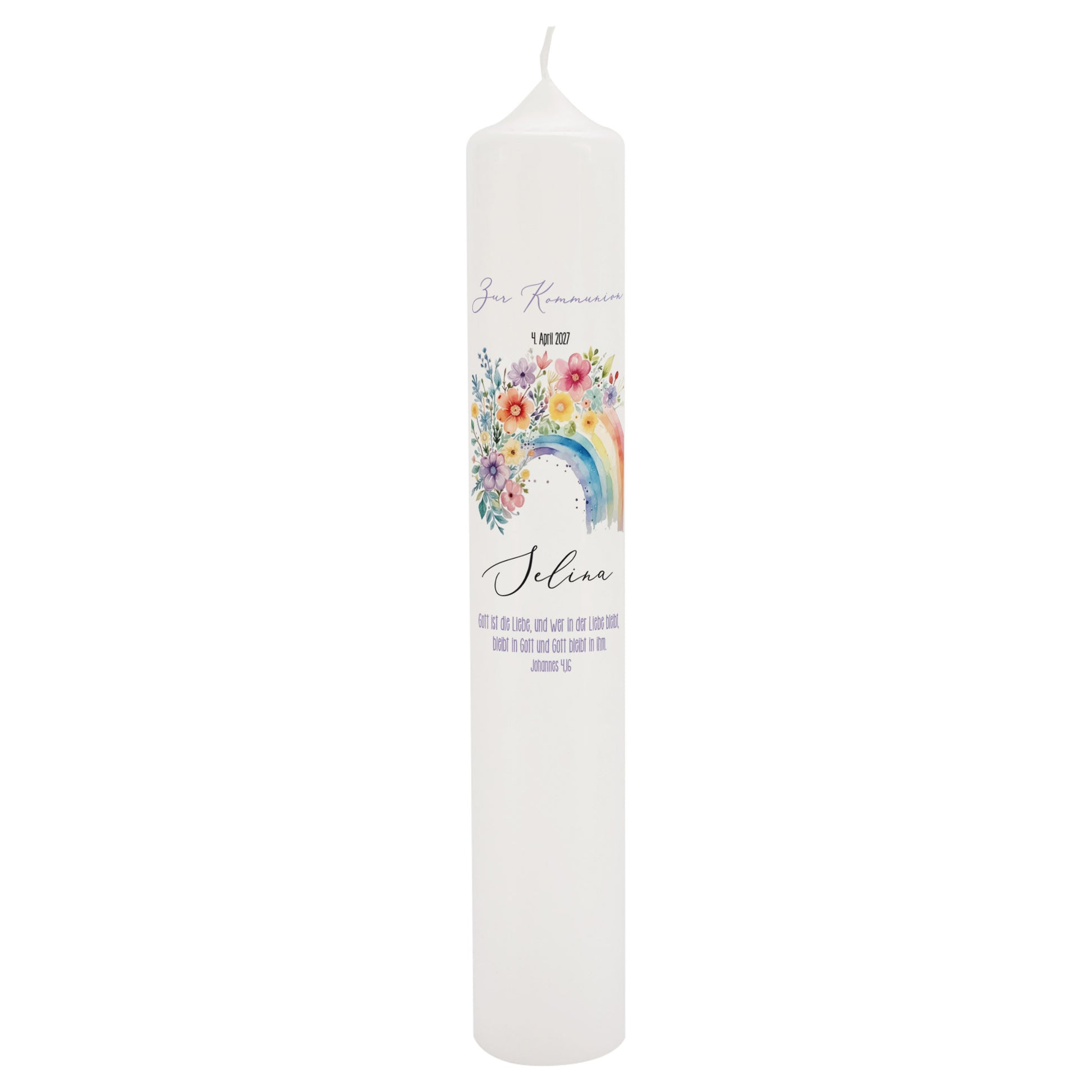 Detailansicht der XXL Kerze mit Regenbogen-Blumenmotiv und Schriftzug „Zur Kommunion“ sowie personalisiertem Namen