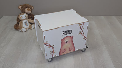 Personalisierte Rollbox aus Holz von clipfritz - Bunte Bausteinwelt | Kinder-Spielzeugkiste mit Name