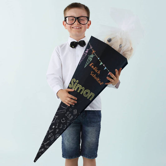 Endlich Schulkind! Zuckertüte in Tafeloptik mit Namensaufdruck