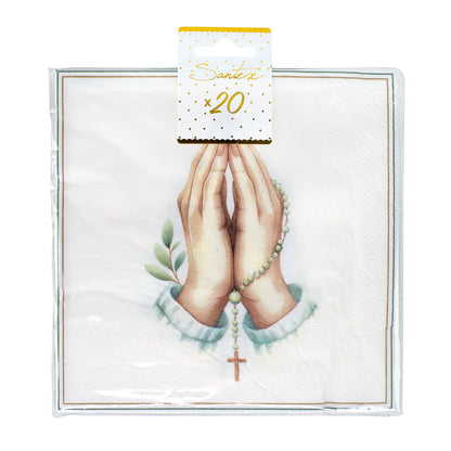 Verpackte Servietten im 20er Pack mit betenden Händen, Rosenkranz und Kreuz Motiv