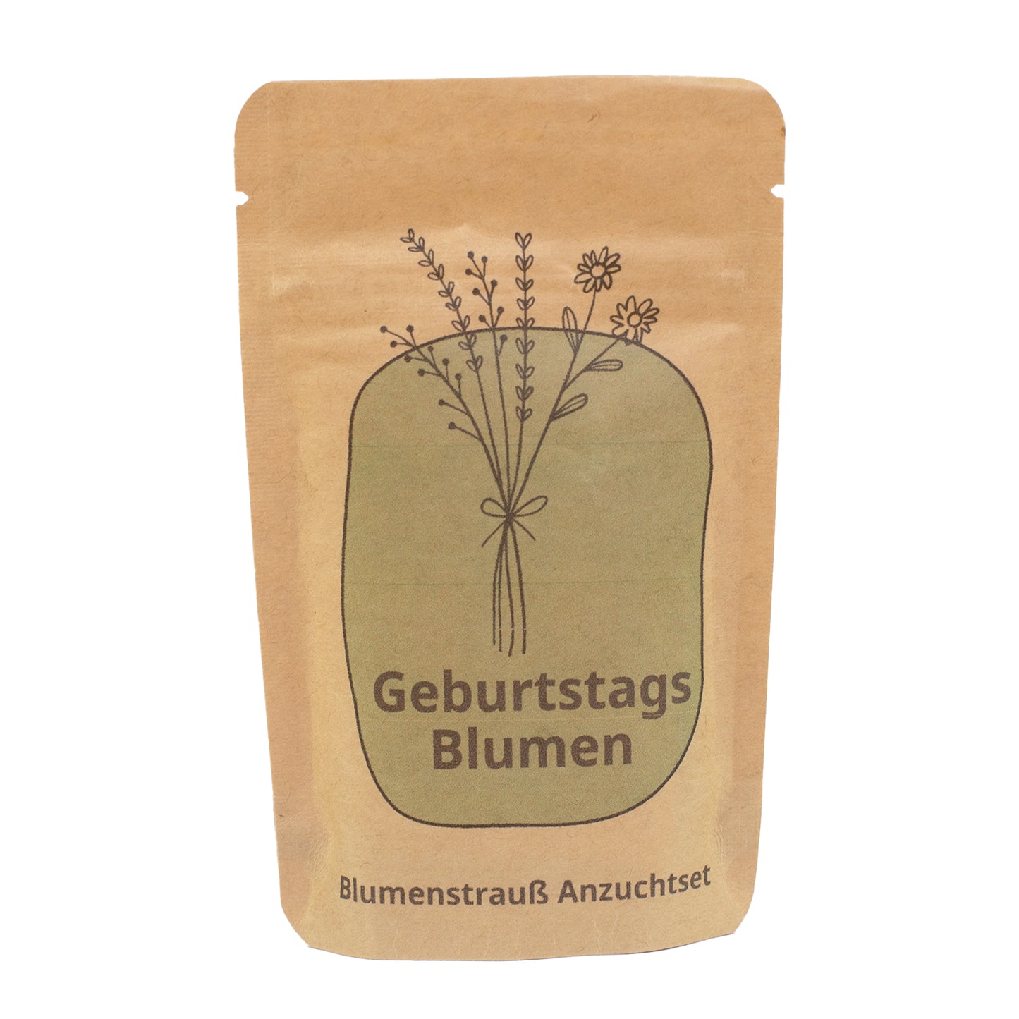 Freigestelltes Anzuchtset Geburtstagsblumen mit naturfarbenem Kraftpapierbeutel und Blumenstrauß Motiv